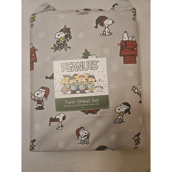 Peanuts Berkshire Snoopy Woodstock Christmas Charlie Brown Grey TWIN Sheet Set
